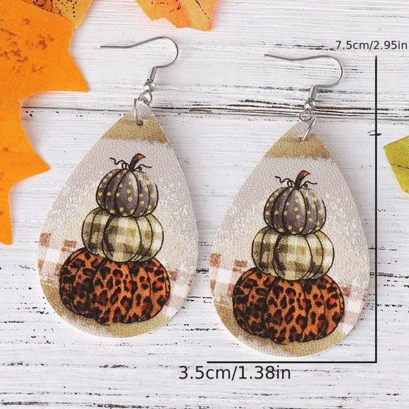 Earrings Fall Pumpkin Dangle Style Tear Drop Autum pu leather Stylish Country - Picture 3 of 3